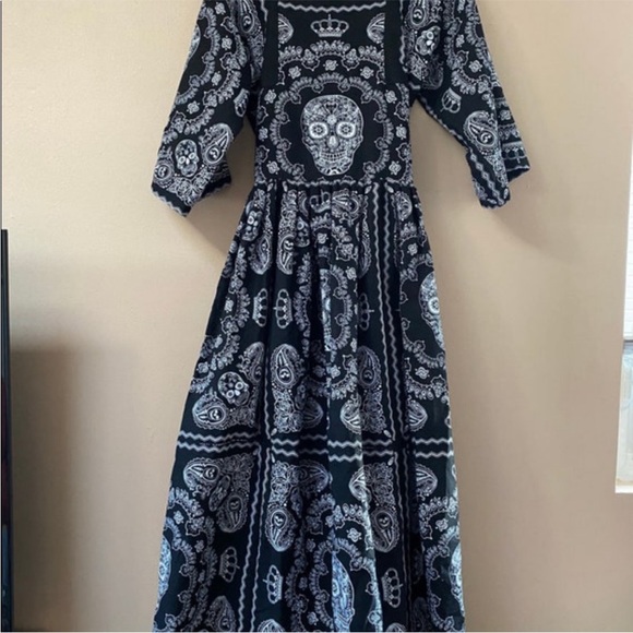 LAST ONE 💀 Handmade Black & White Skull Skeleton Print Bandana Maxi Dress - Picture 13 of 14
